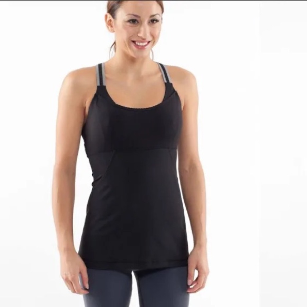 Lululemon Athletica Cross My Heart Tank Black
White Micro Striped Workou…